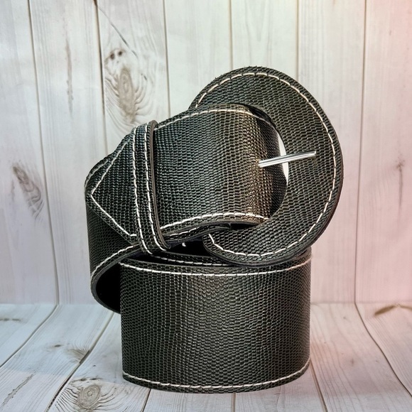 Wide Gray Belt White Stitching Classic Large Buckle - Picture 2 of 8